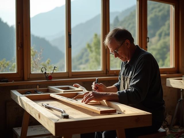 Artisan working on a intricate wooden frame in a studio with large windows overlooking a misty mountain landscape