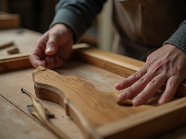 Artisan working on a custom wooden frame, showcasing reclaimed wood and fine details